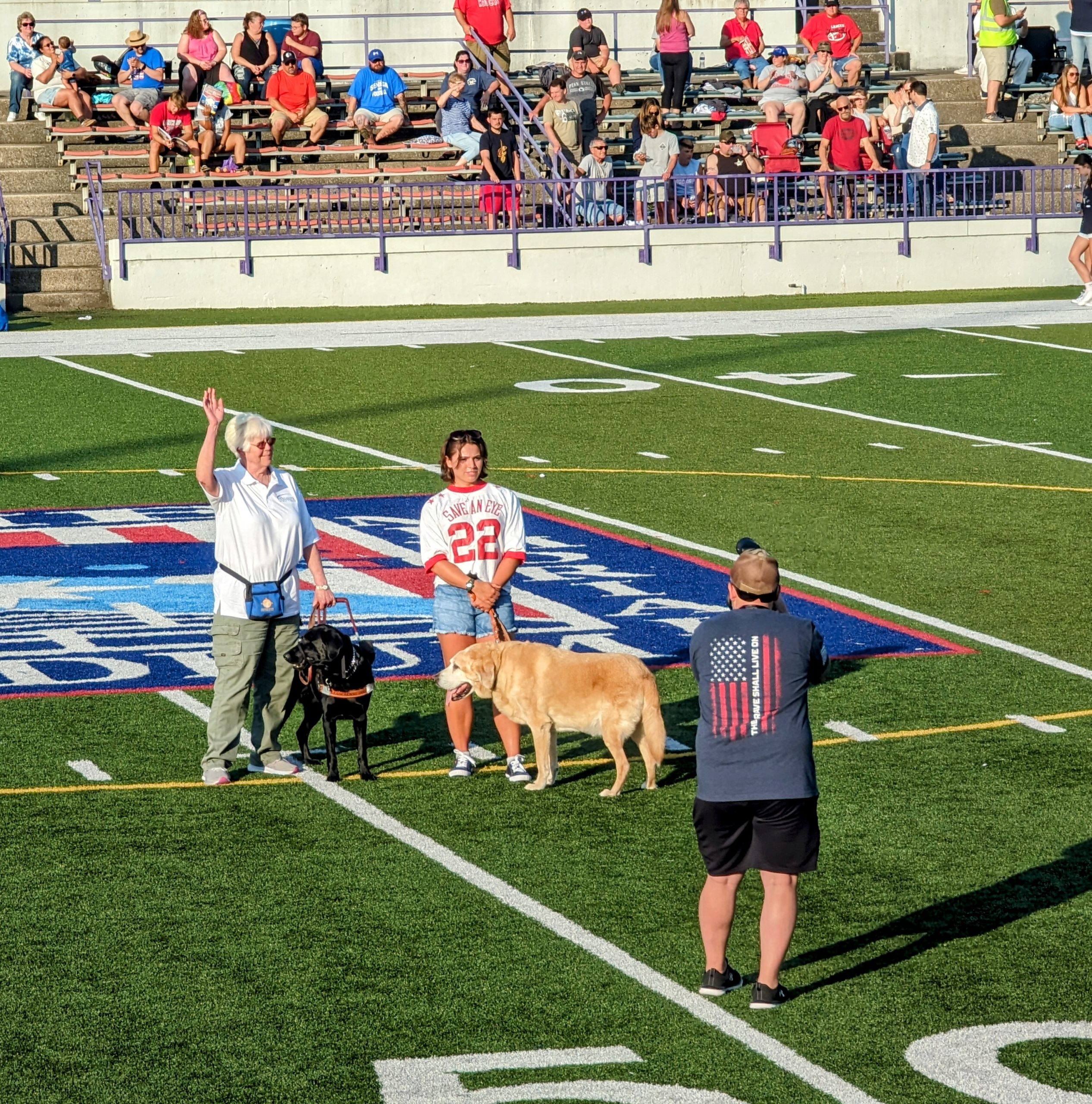 People with dogs in a football field.